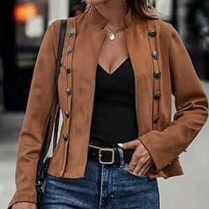 Camel Decorative Button Open Front Jacket | Size Large